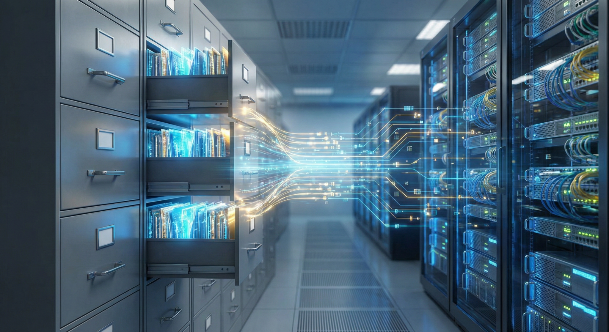 Physical archive cabinets transforming into data flows and AI server infrastructure